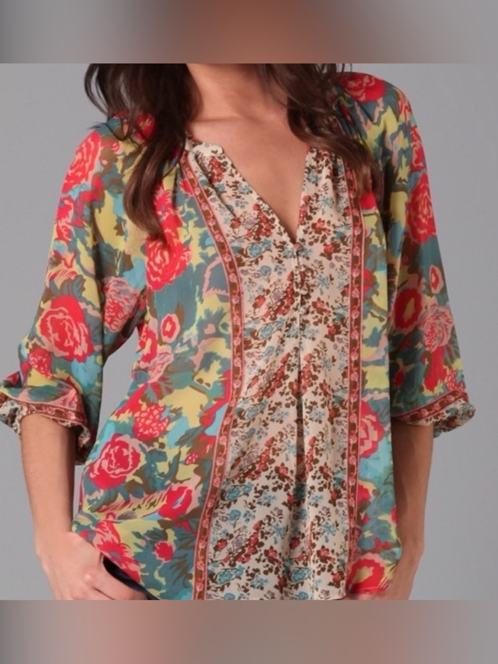 Joie 100% Silk Mixed Print Floral Gloria Blouse 3/4 Sleeve V Neck Size M